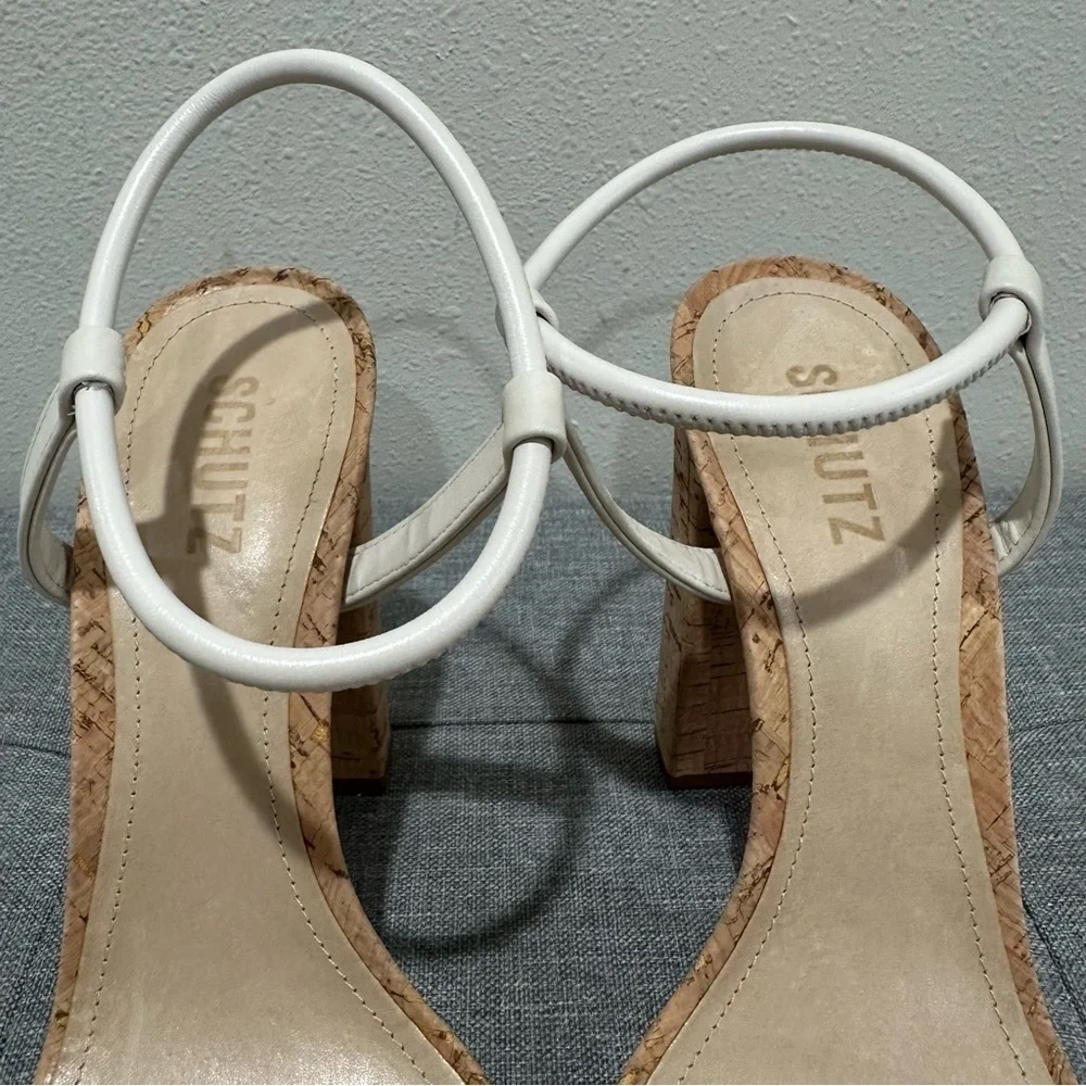 SCHUTZ Gimenez Mid White Cork Heel Sandals
